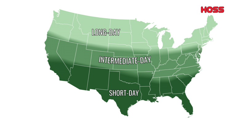 Map of the United States with different day lengths labeled for onions.
